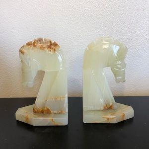 Vintage Cream Brown Crystal Marble Oynx Stone Horse Bookends